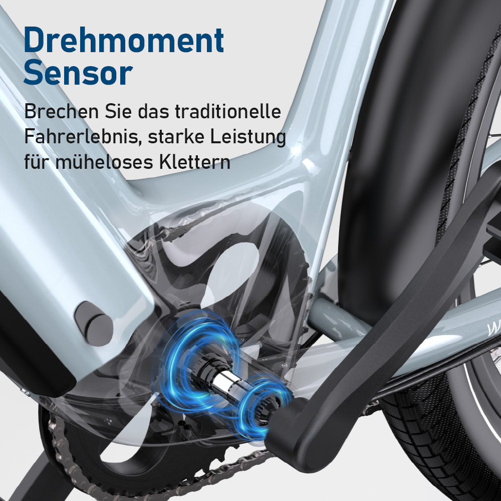 Detailansicht eines Fahrradrahmens mit Drehmomentsensor und Kurbel. Blaue Ringe deuten auf Aktivität hin.