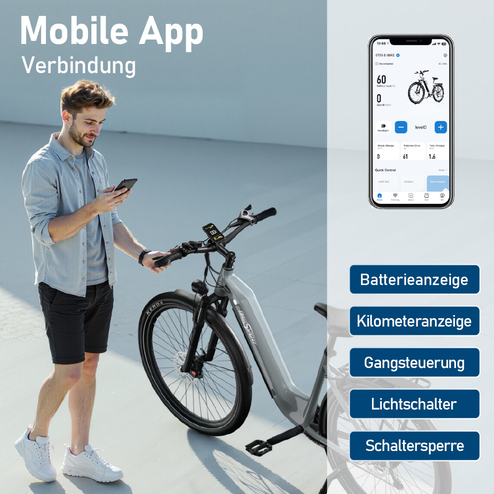 Mann verbindet E-Bike mit Smartphone-App. Anzeige zeigt Akku, Reichweite und Steuerung.