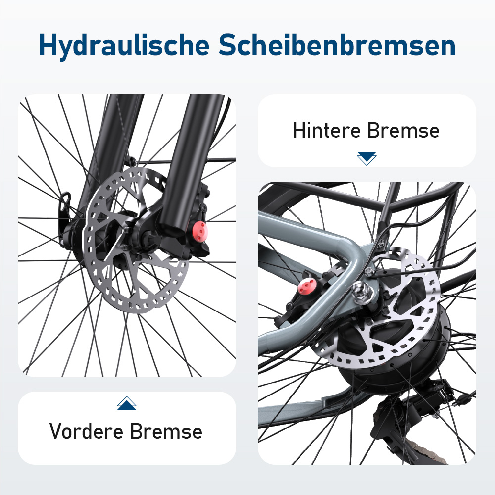 Vordere und hintere hydraulische Scheibenbremsen eines Fahrrads.