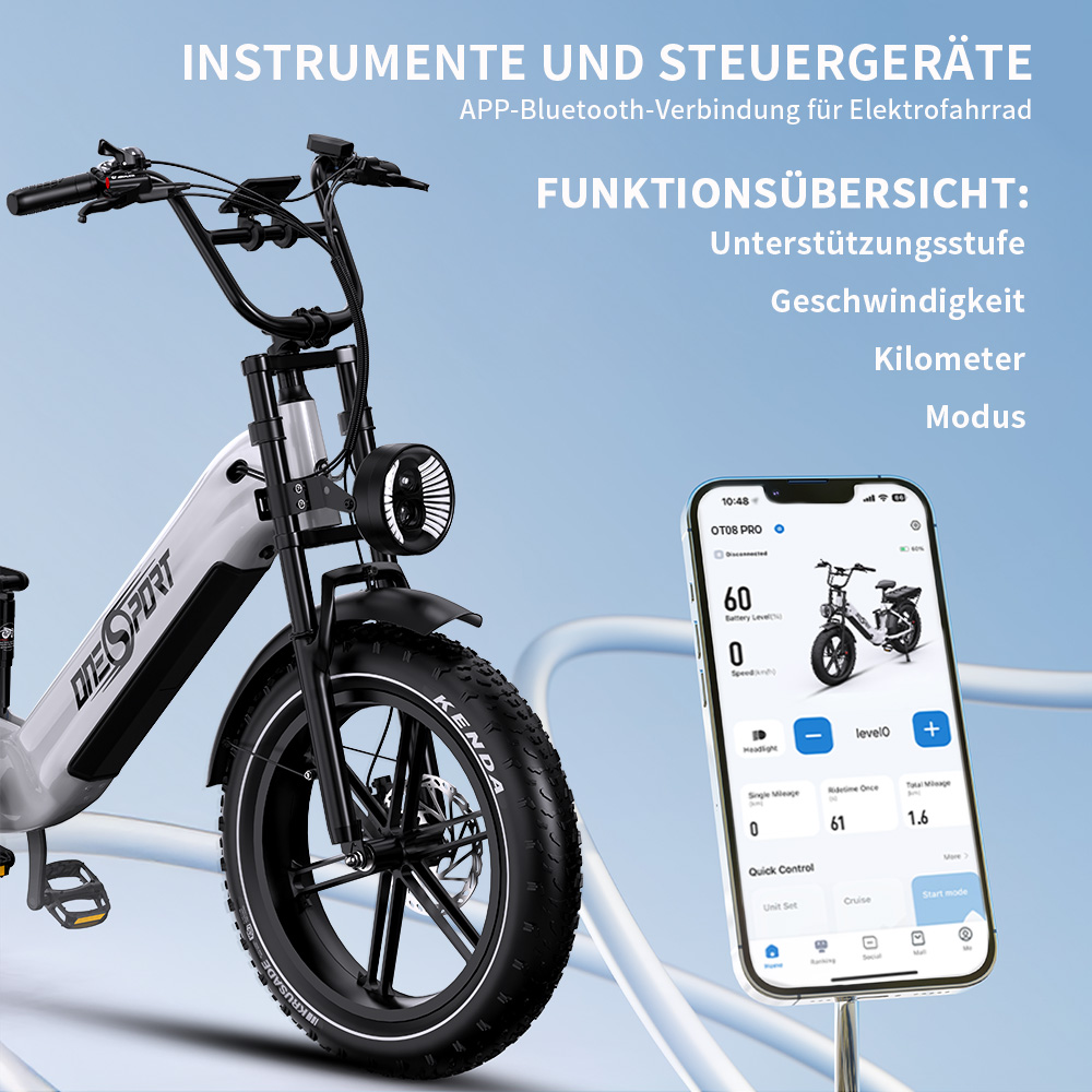 Ein weißes Elektrofahrrad mit dicken Reifen und ein Smartphone, das die App zeigt.