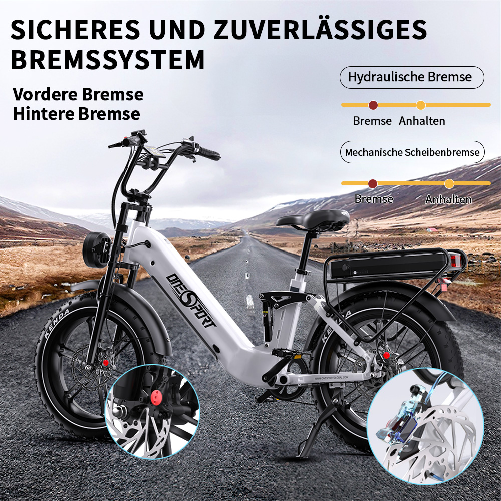 Ein weißes E-Bike mit Scheibenbremsen steht auf einer Straße.