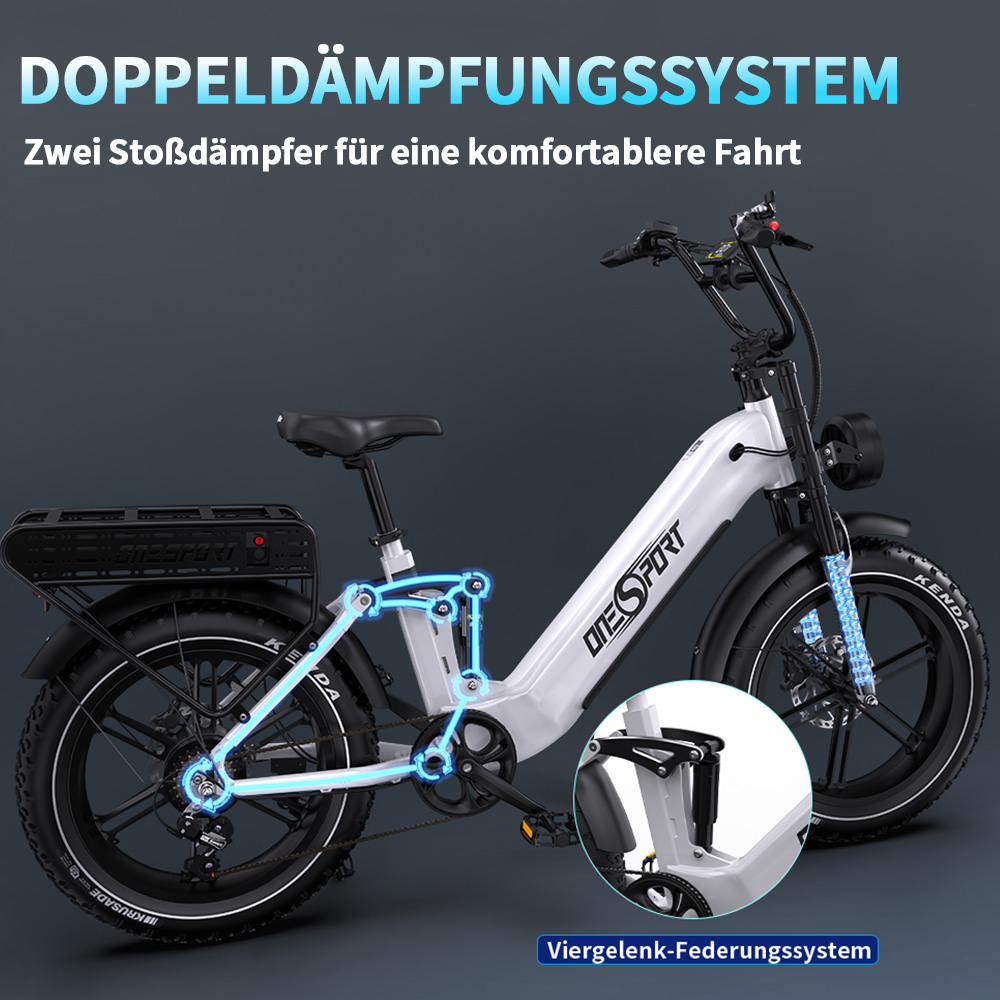 Ein weißes E-Bike mit Doppelfederungssystem, das auf einer dunklen Oberfläche steht.