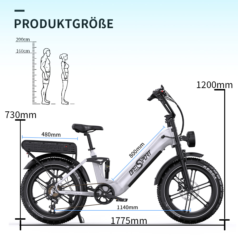 Ein weißes E-Bike mit Maßangaben: Länge 1775mm, Höhe 1200mm, Sitzhöhe 730mm, Lenkerbreite 480mm.