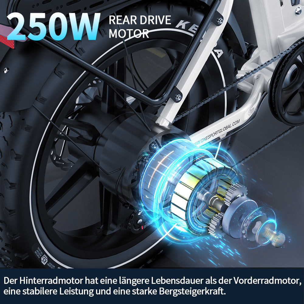 Nahaufnahme des Hinterradmotors eines E-Bikes mit 250 W Leistung und leuchtenden Komponenten.