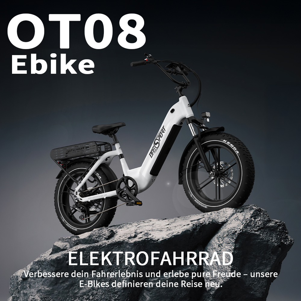 Ein weißes E-Bike mit breiten Reifen steht auf Felsen. Es hat einen Gepäckträger.