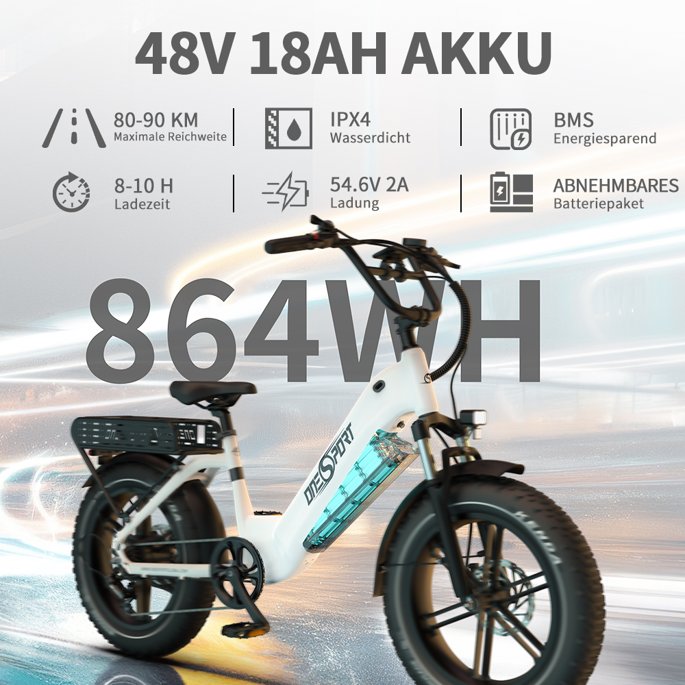 Ein weißes E-Bike mit 48V 18AH Akku, 864WH, IPX4, 8-10h Ladezeit.