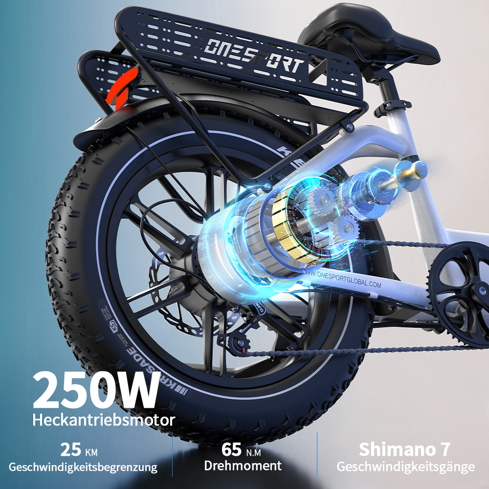 Nahaufnahme des Hinterrads eines E-Bikes mit sichtbarem 250-W-Motor.