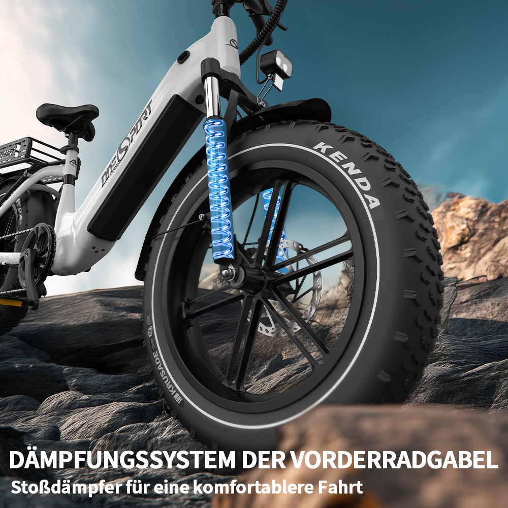 Ein weißes E-Bike mit dickem Reifen und Federung steht auf felsigem Untergrund.
