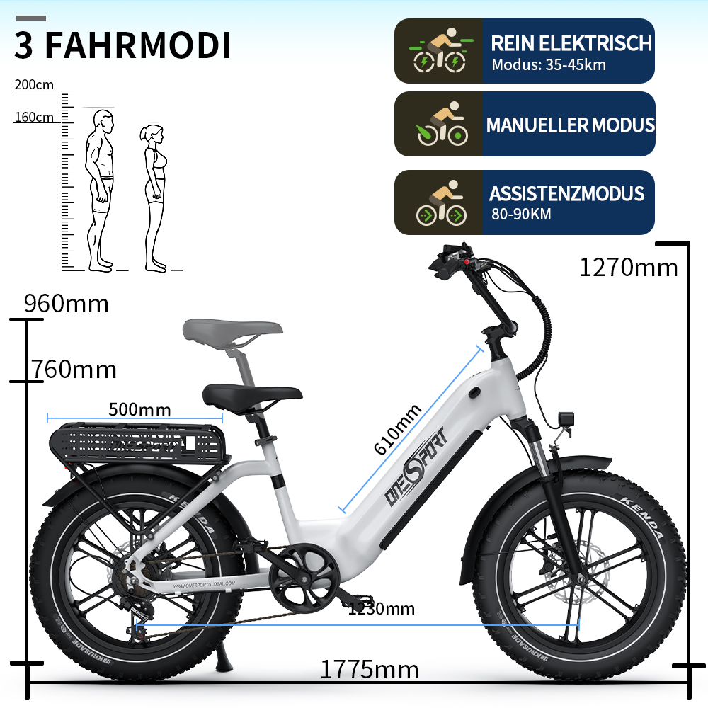 Ein weißes E-Bike mit Maßen und drei Fahrmodi: Rein Elektrisch, Manueller Modus, Assistenzmodus.
