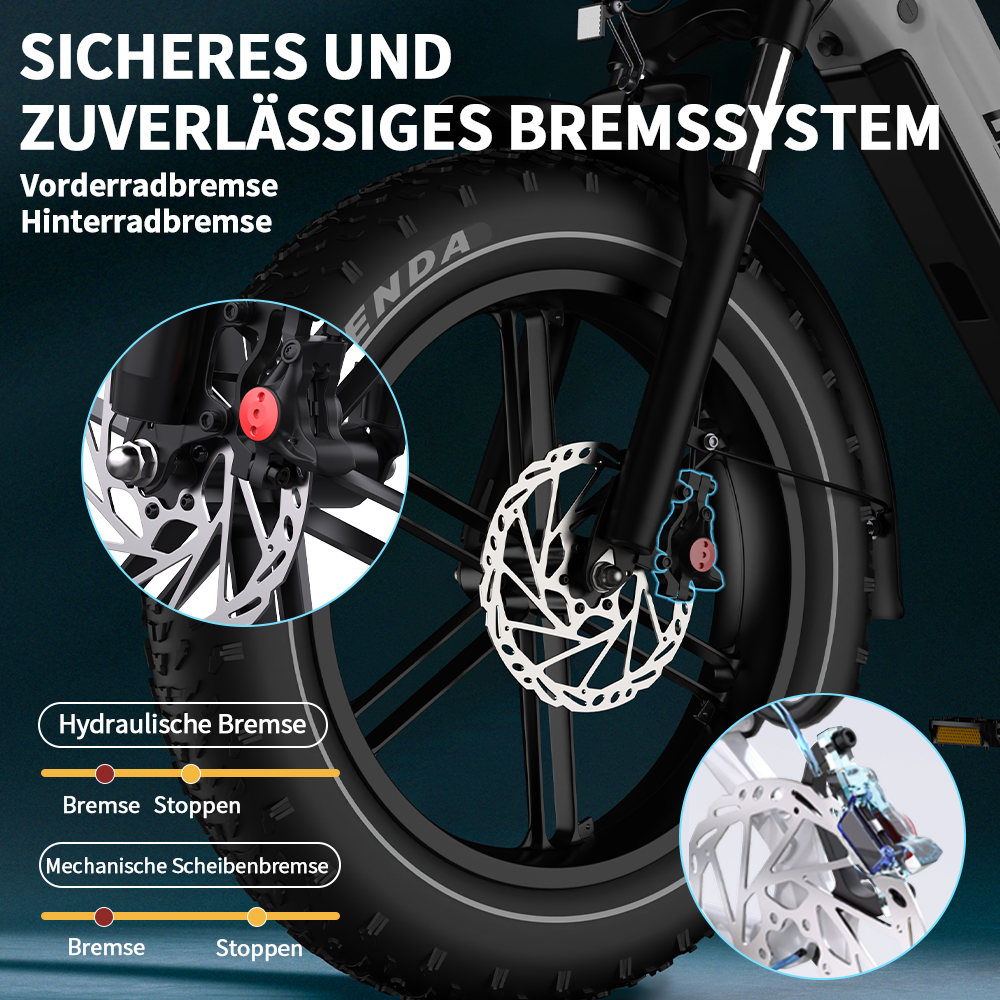 Nahaufnahme eines Fahrradbremssystems mit Scheibenbremsen und Text.
