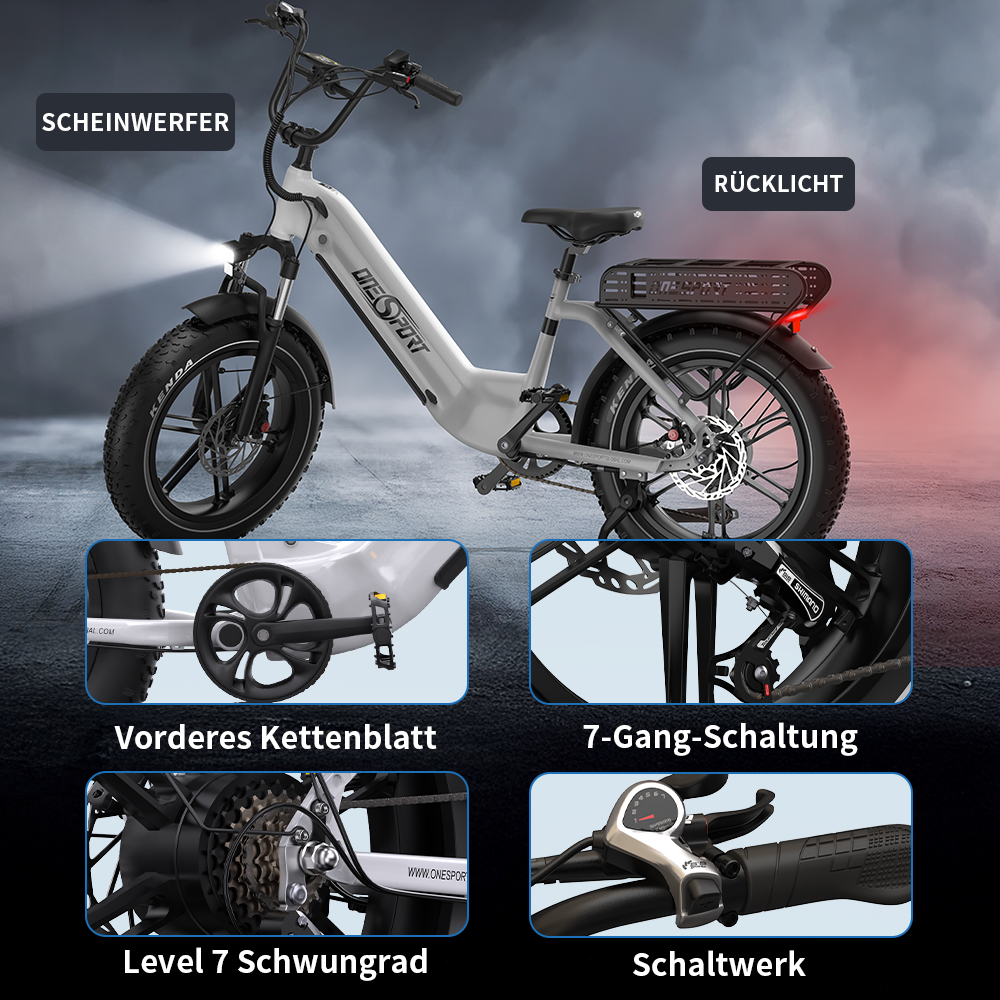 Ein weißes E-Bike mit Scheinwerfer, Rücklicht, Kettenblatt und Gangschaltung.
