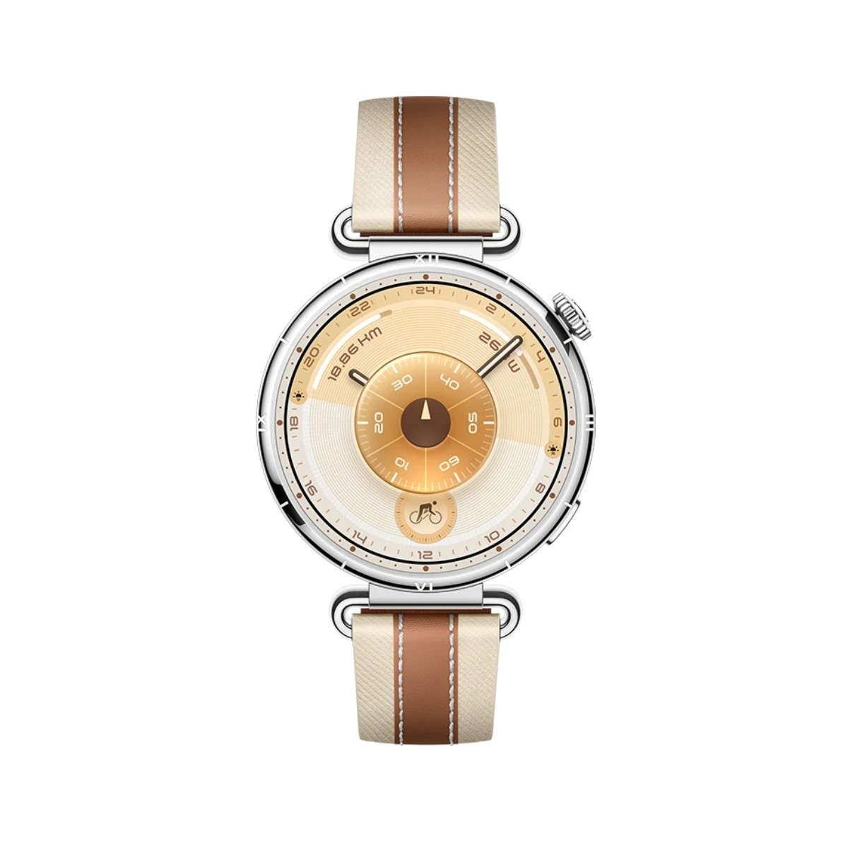 A round, silver smartwatch with a beige and brown fabric strap. The watch face is gold.
