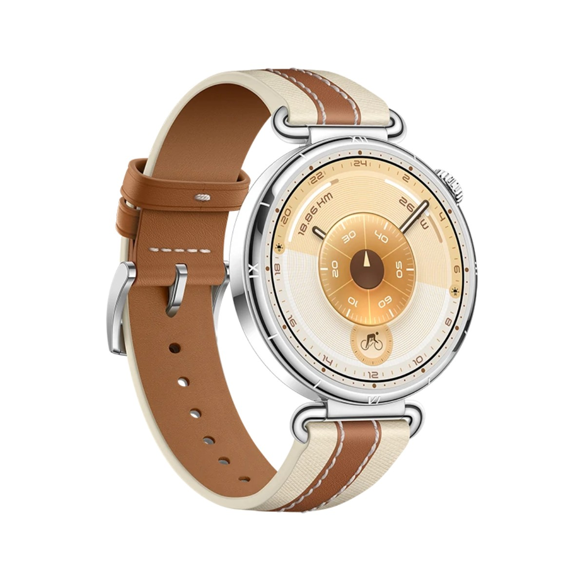 A smartwatch with a brown and cream band, silver case, and gold dial.