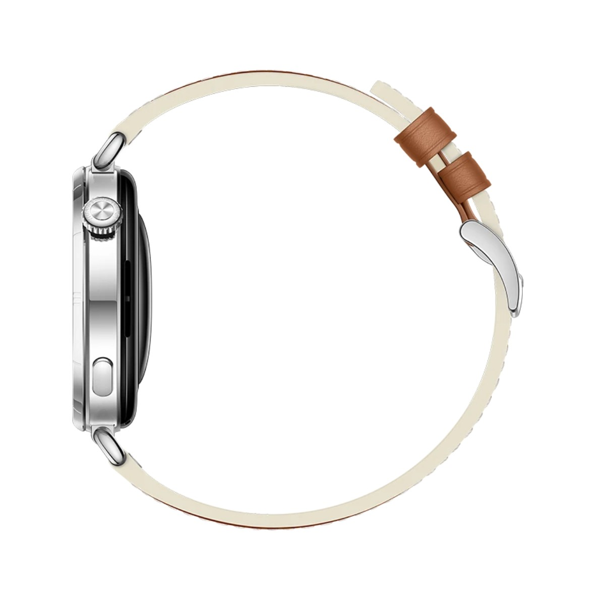 Srebrny smartwatch z białym i brązowym skórzanym paskiem, srebrna klamra.