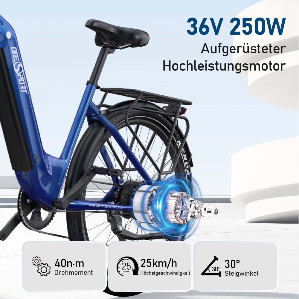 Blaues E-Bike mit 36V 250W Motor, 40 Nm, 25 km/h, 30° Steigung.