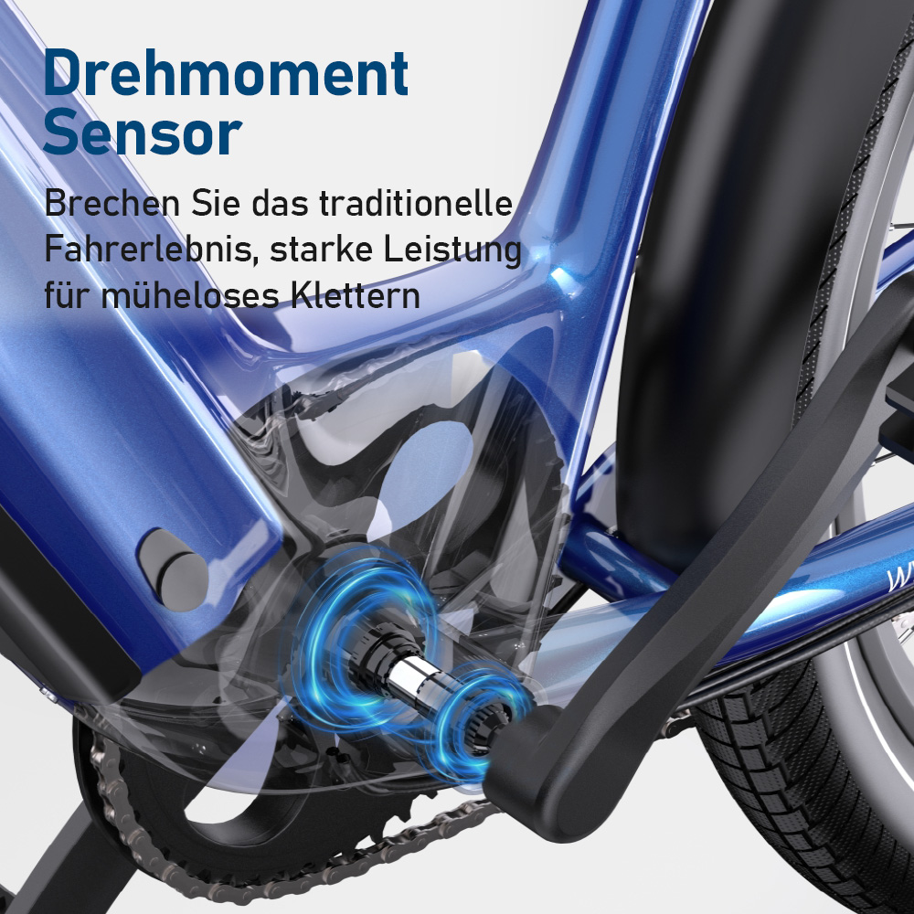 Nahaufnahme eines blauen E-Bike-Rahmens mit sichtbarem Drehmomentsensor und Kette.