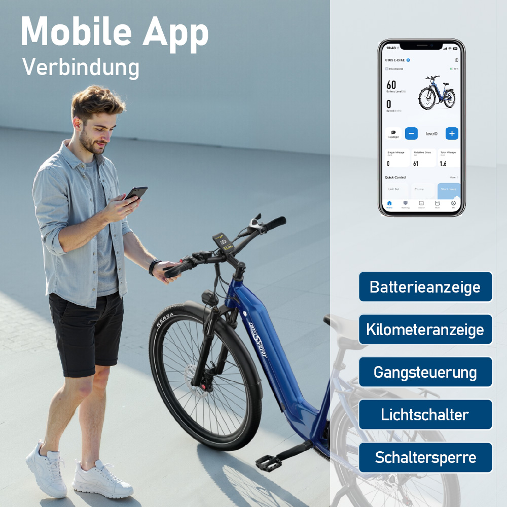 Mann mit Smartphone neben blauem E-Bike; App-Ansicht zeigt Akkustand.