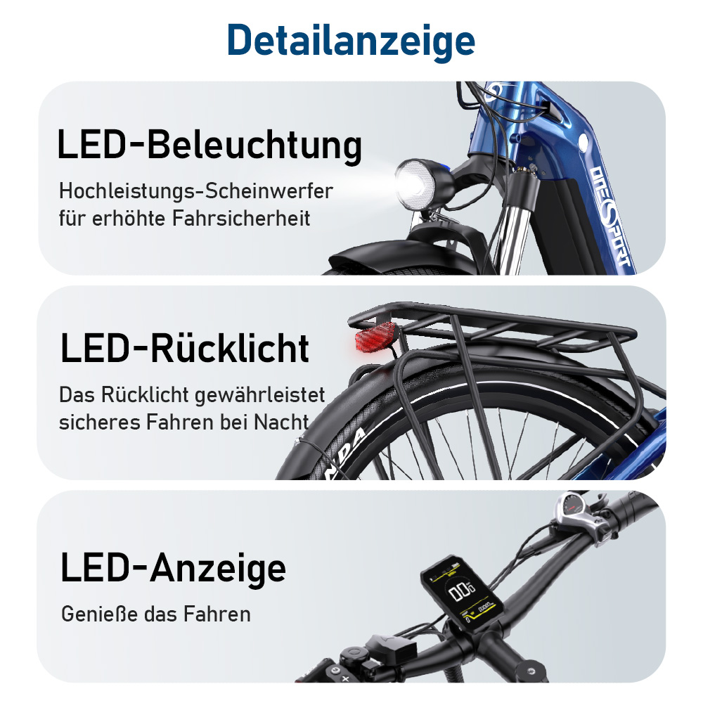 Detailanzeige: LED-Beleuchtung, Rücklicht und Anzeige eines E-Bikes.