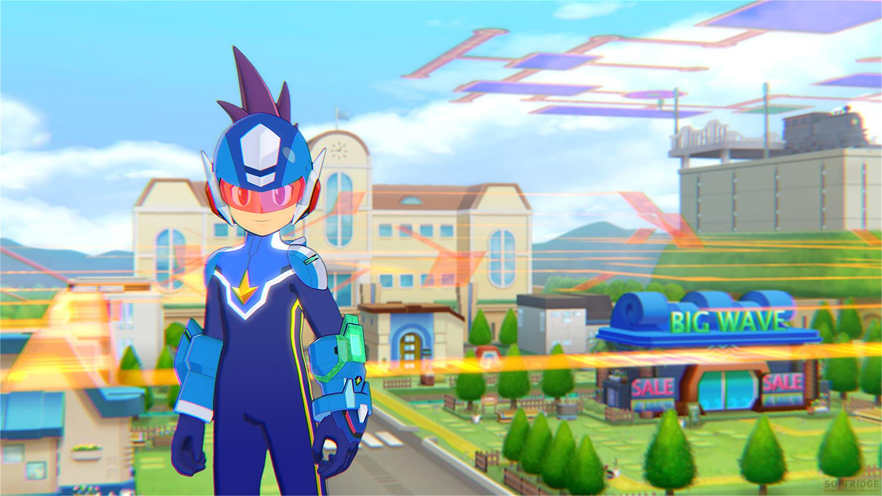 Un personnage bleu devant une scène de ville avec un bâtiment "BIG WAVE".