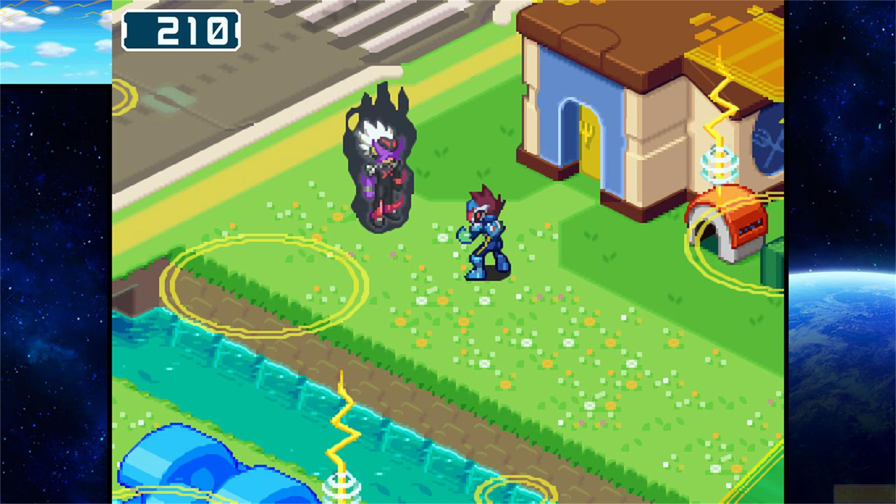 Deux personnages sur un terrain herbeux près d'une maison. Un joueur est bleu, l'autre noir et violet.
