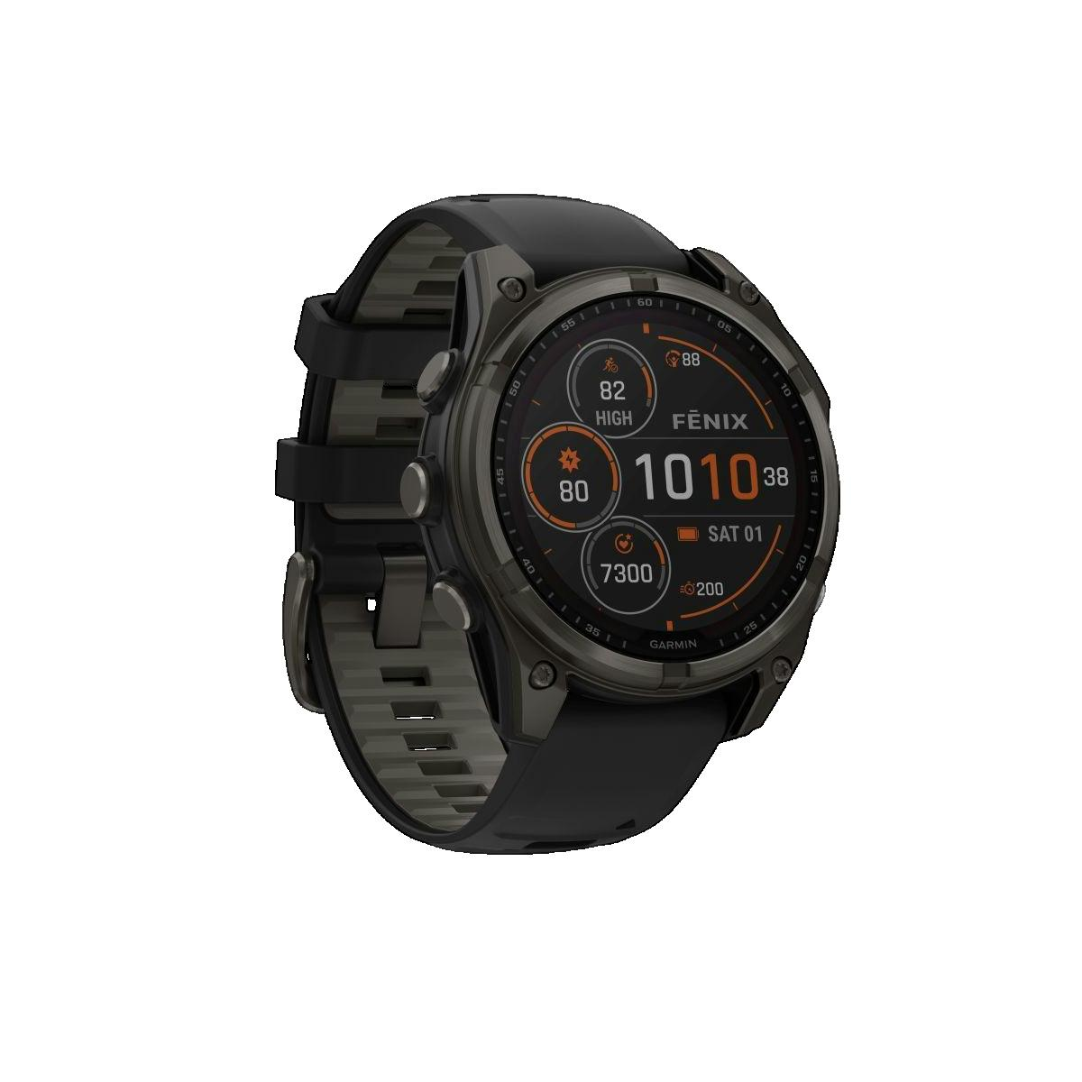 Czarny zegarek Garmin Fenix z ciemnoszarym bezelem i czarnym paskiem.