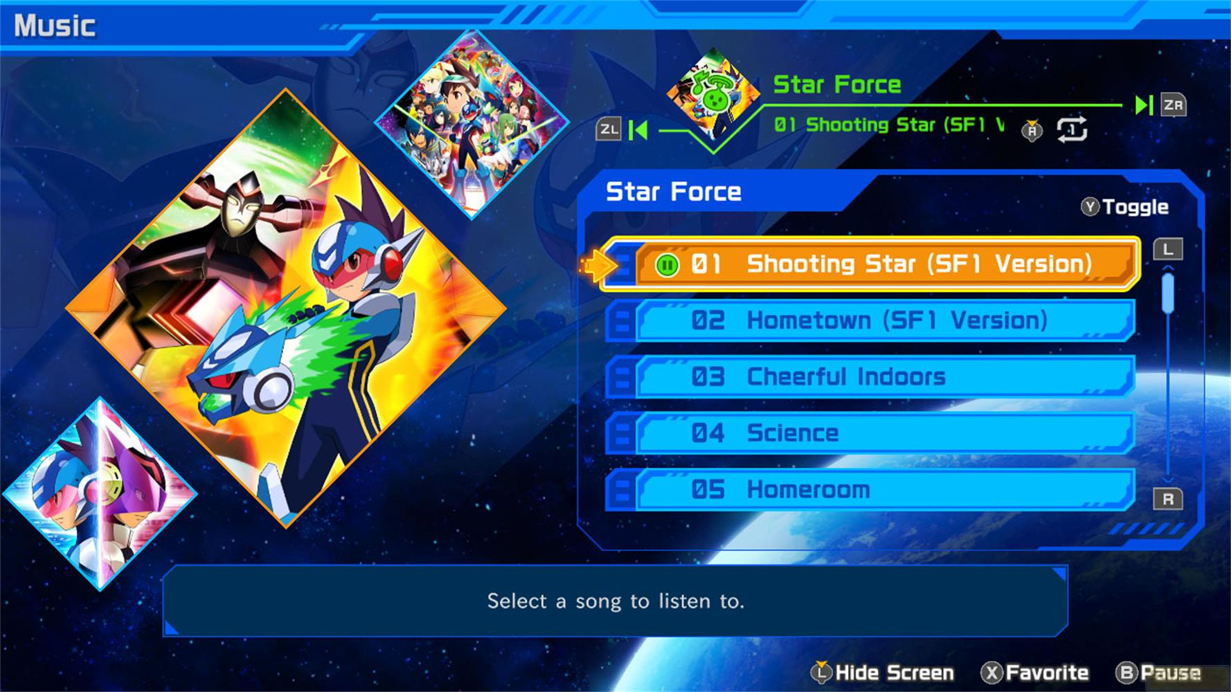 Menu musique affichant la liste des chansons et l'art des personnages. "Shooting Star" est sélectionné.