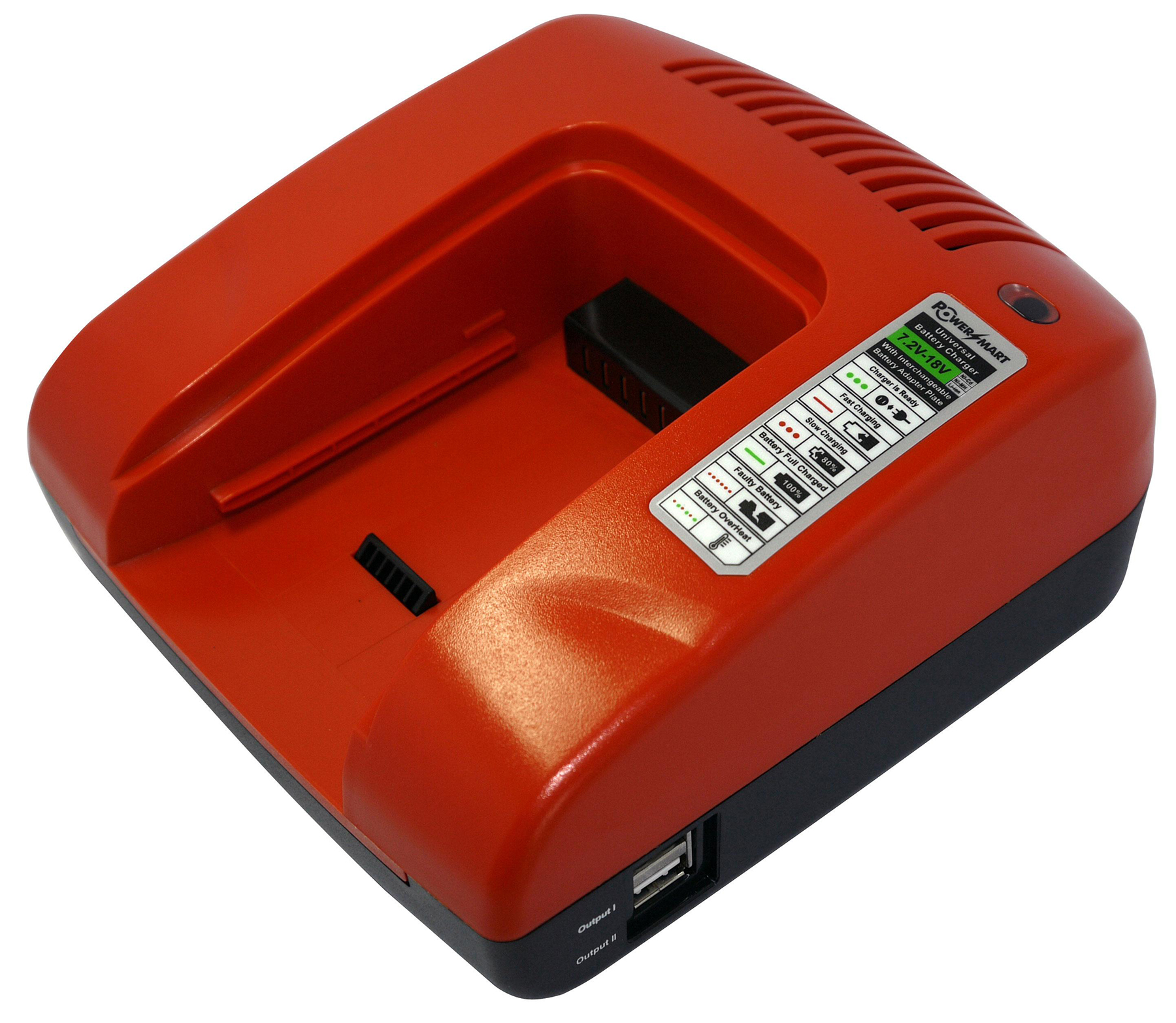 Un caricabatterie rosso e nero per utensili elettrici con spie di carica.