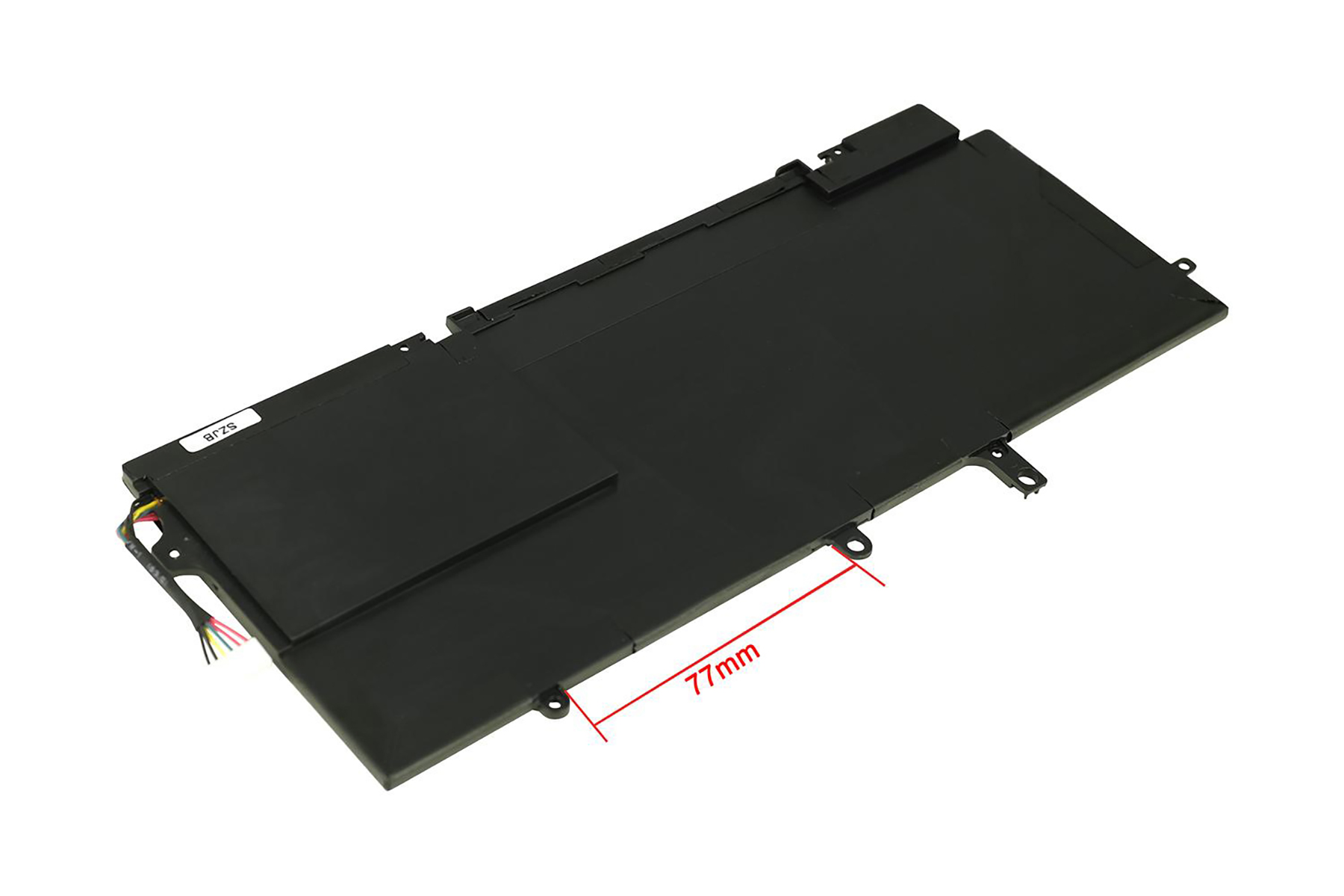 Batteria nera per laptop con cavi e indicatore di lunghezza 77mm.