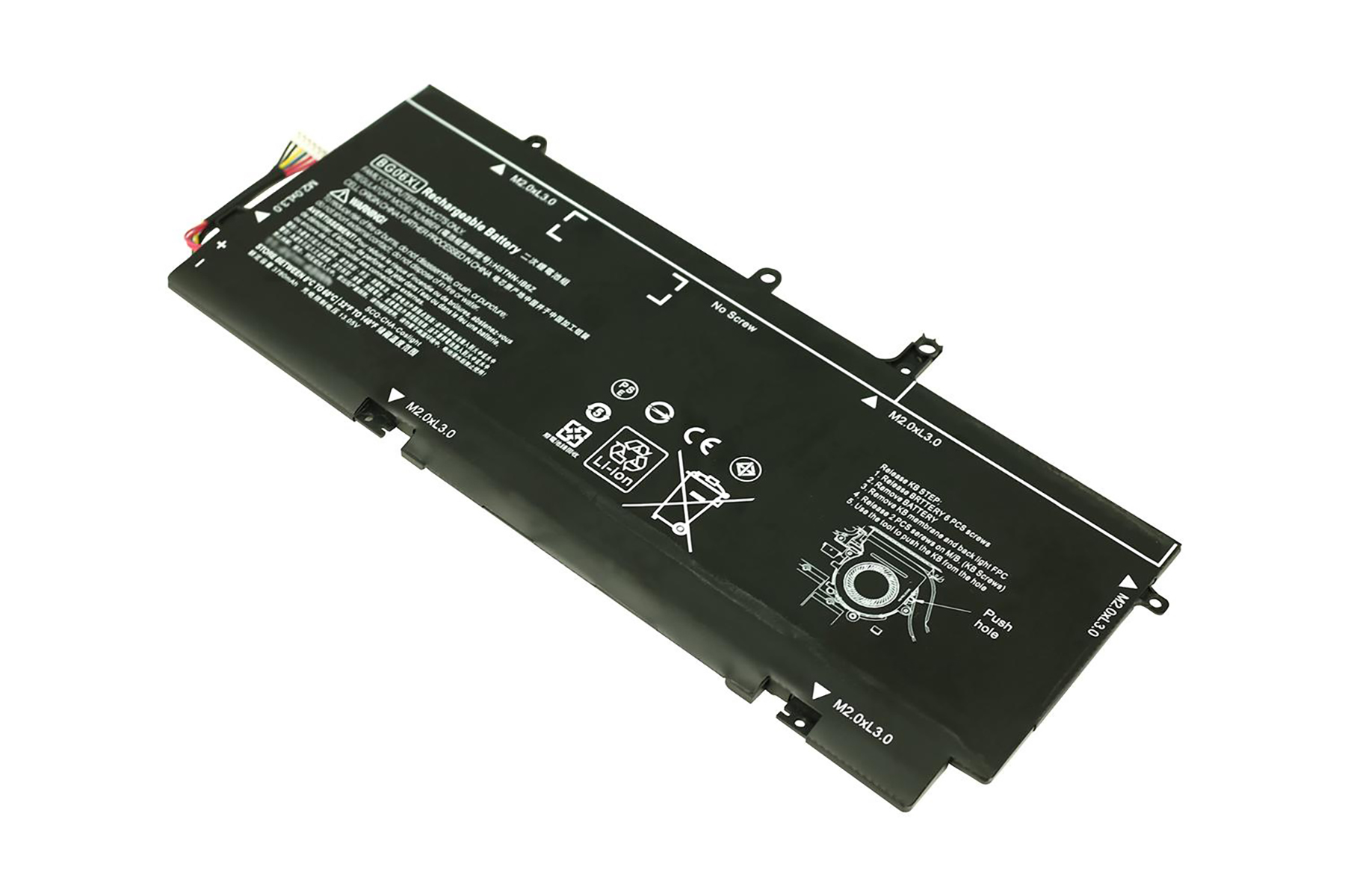 Batteria nera per laptop con cavi, avvertenze e simboli.