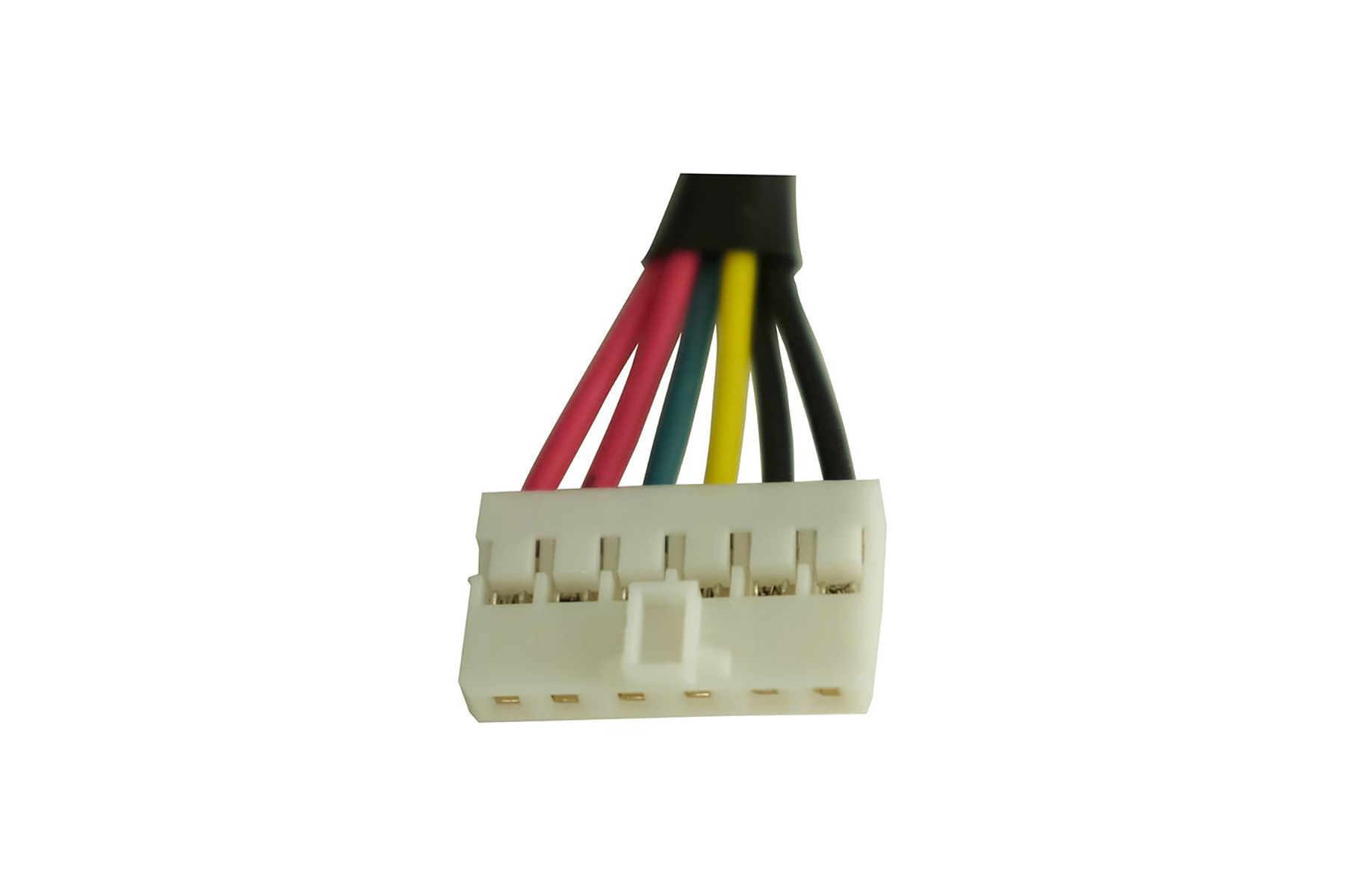 Un connettore bianco con cinque cavi colorati: rosso, rosa, blu, giallo e nero.
