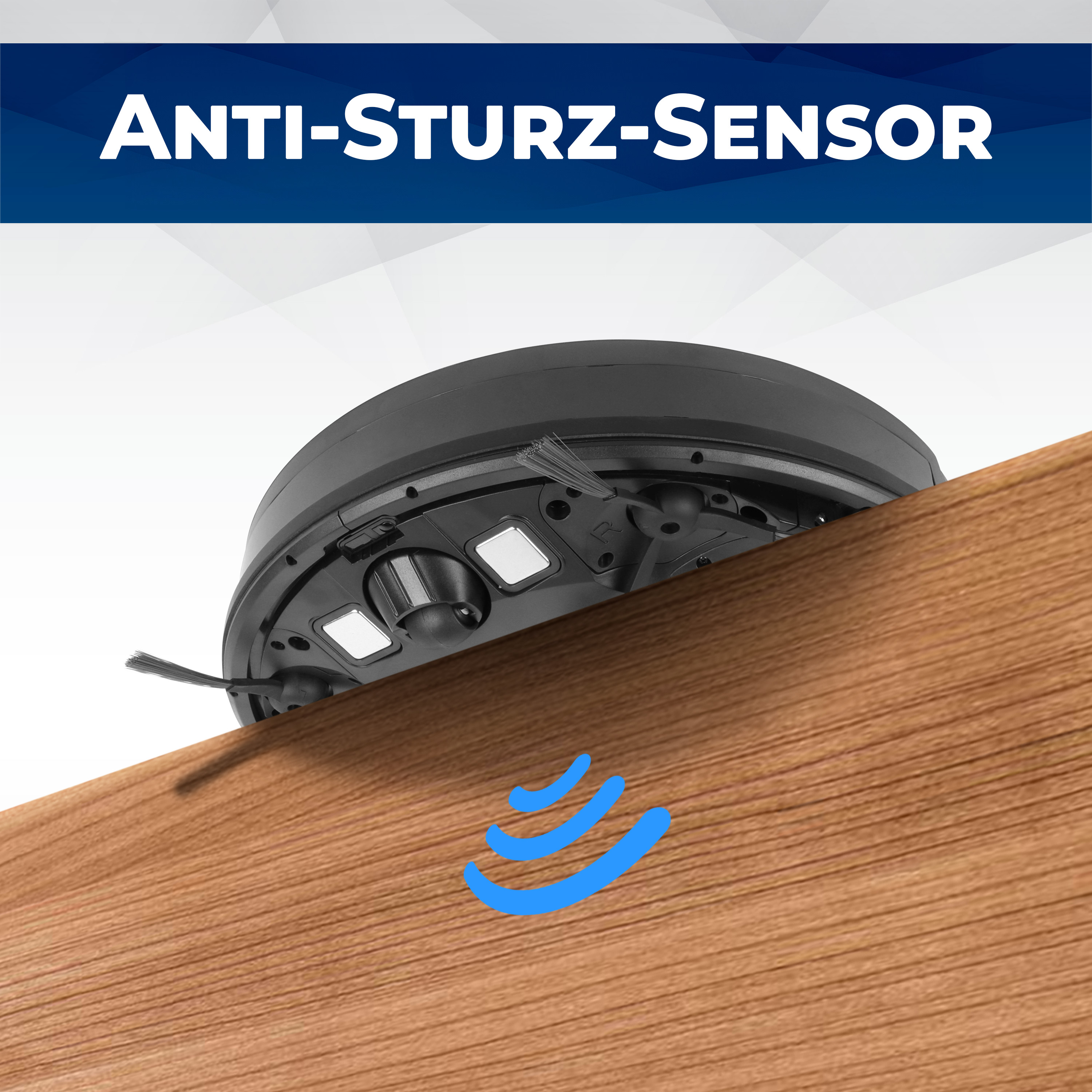 Ein Saugroboter mit Bürsten fährt über eine Holzoberfläche.