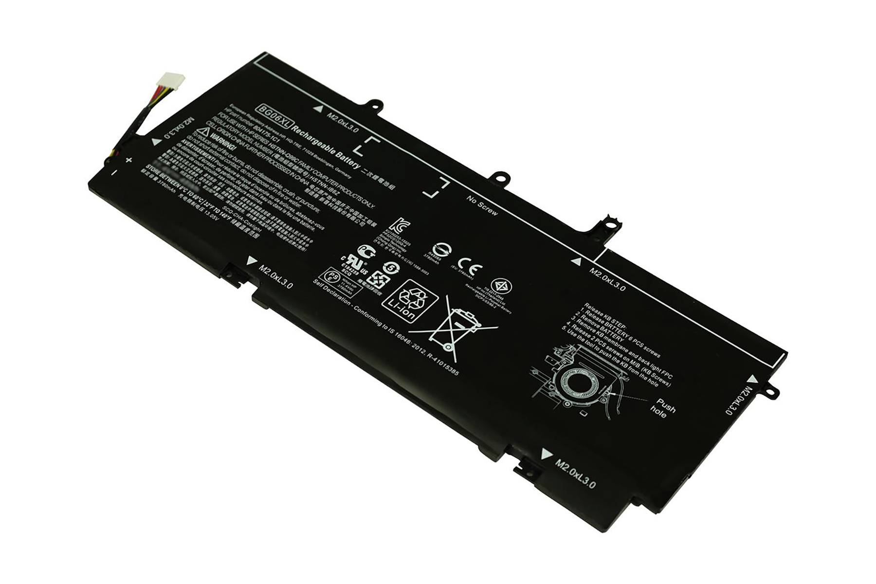 Batteria nera per laptop con testo e simboli, cavo connettore bianco.