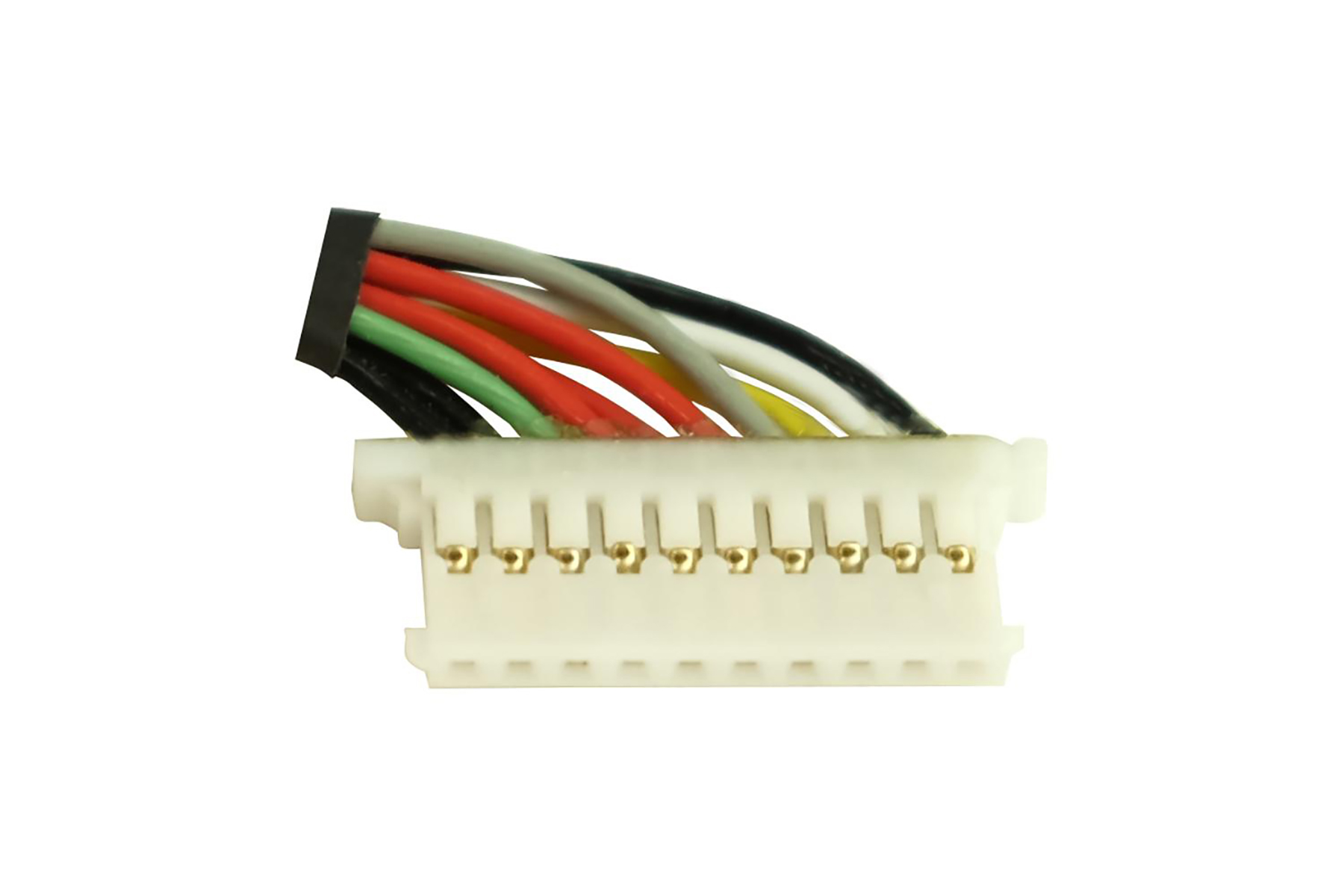 Un connettore bianco con otto cavi colorati: nero, grigio, bianco, rosso, verde, giallo.