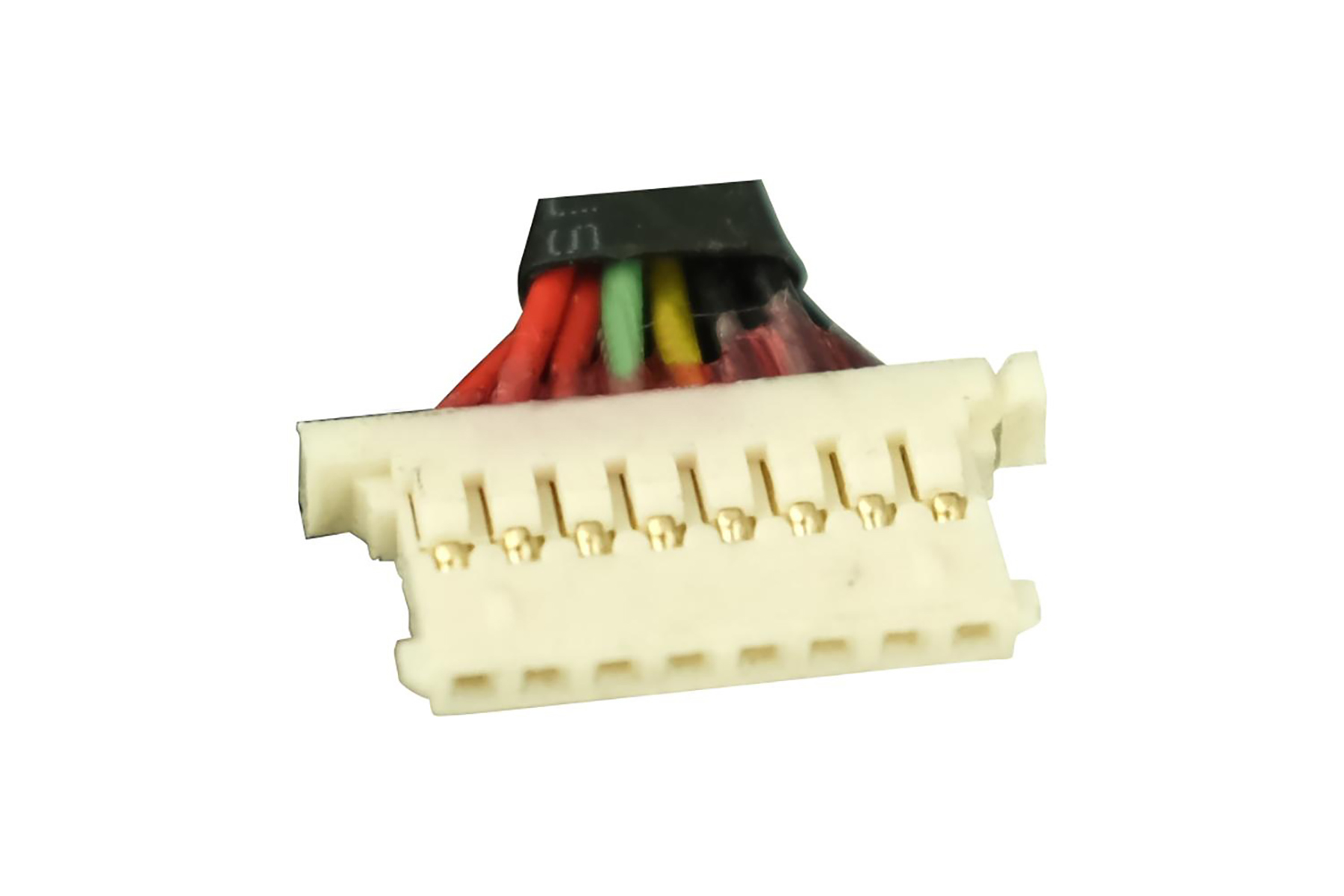 Un connettore per cavi bianco con fili colorati.