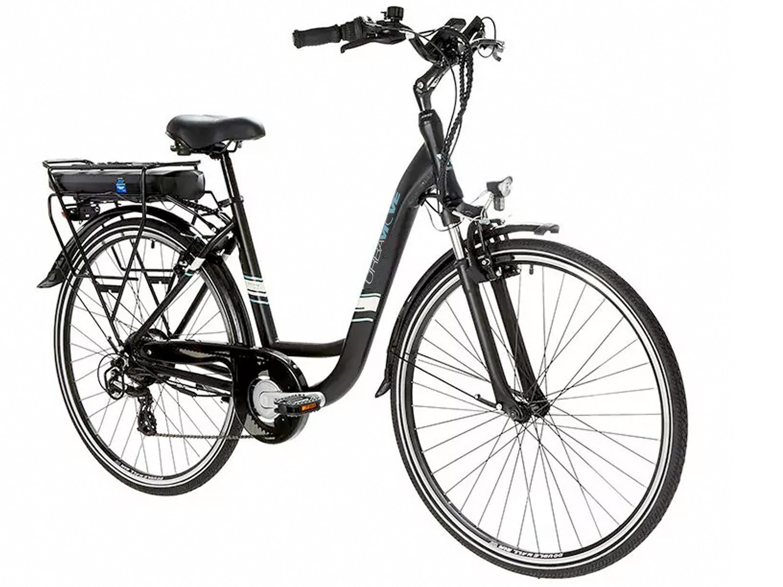 Een zwarte elektrische fiets met bagagedrager en accu.