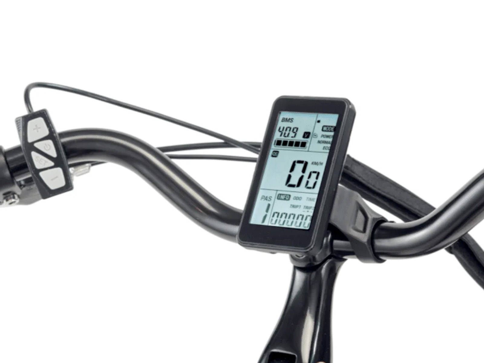 Digitale display op e-bike stuur toont snelheid, batterij en ritgegevens.