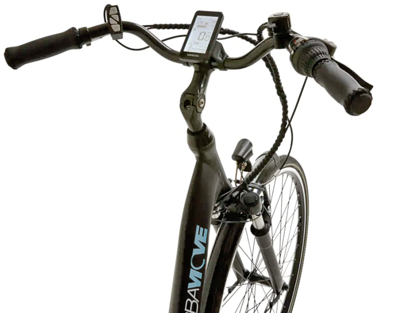 Close-up van het stuur van een zwarte elektrische fiets met display en handvatten.