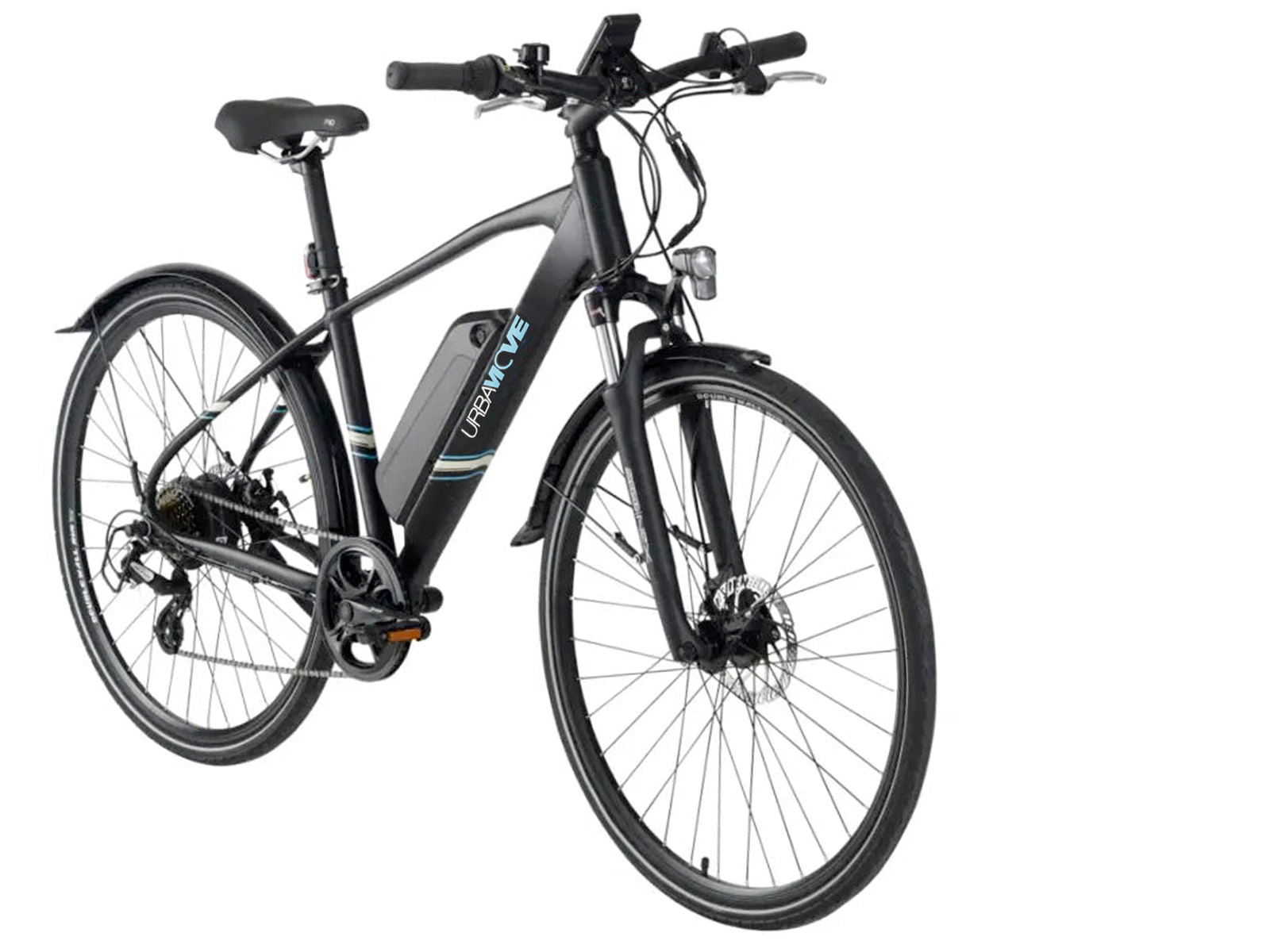 Ein schwarzes E-Bike mit Akkupack am Rahmen und Scheibenbremsen.