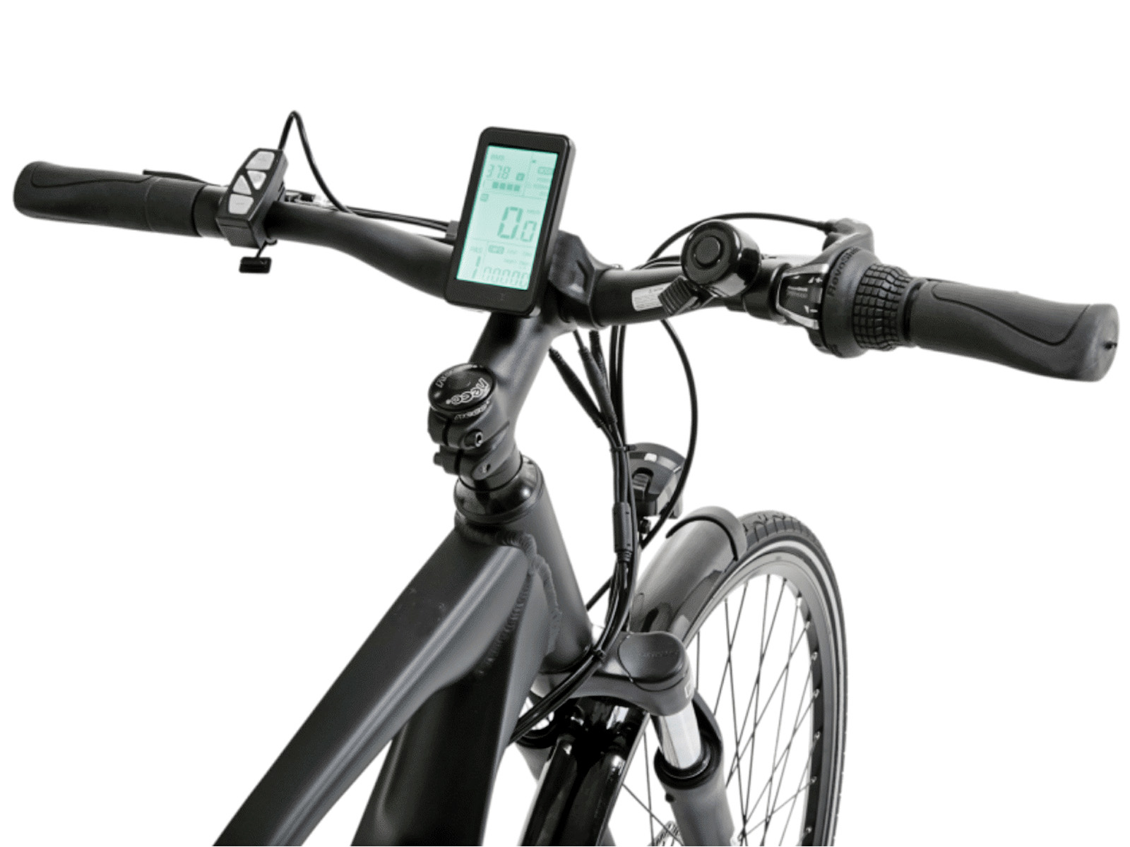 Nahaufnahme des Lenkers eines schwarzen E-Bikes mit Display, Klingel und Griffen.