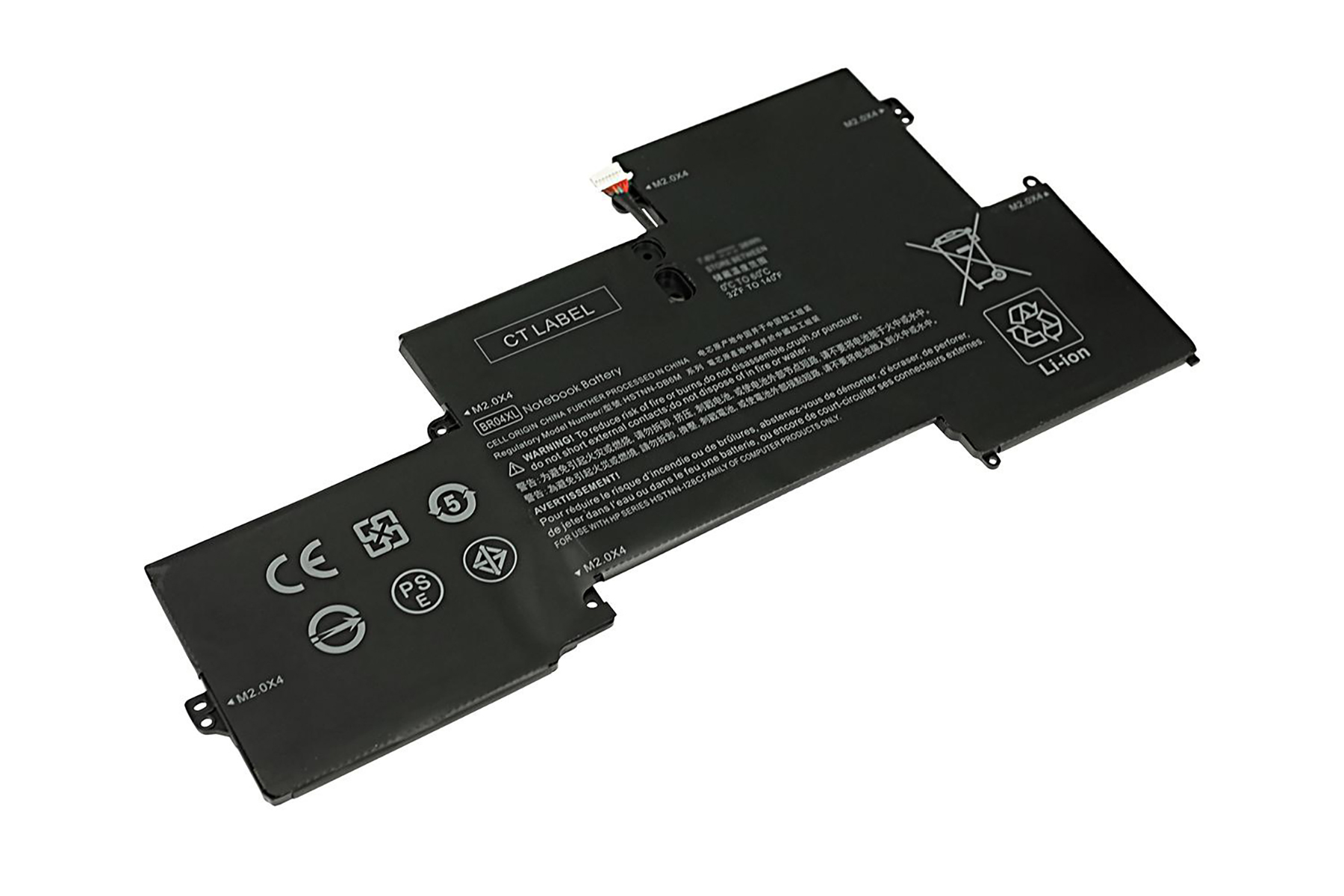 Batteria nera per laptop con etichette di avvertenza e logo Li-ion.