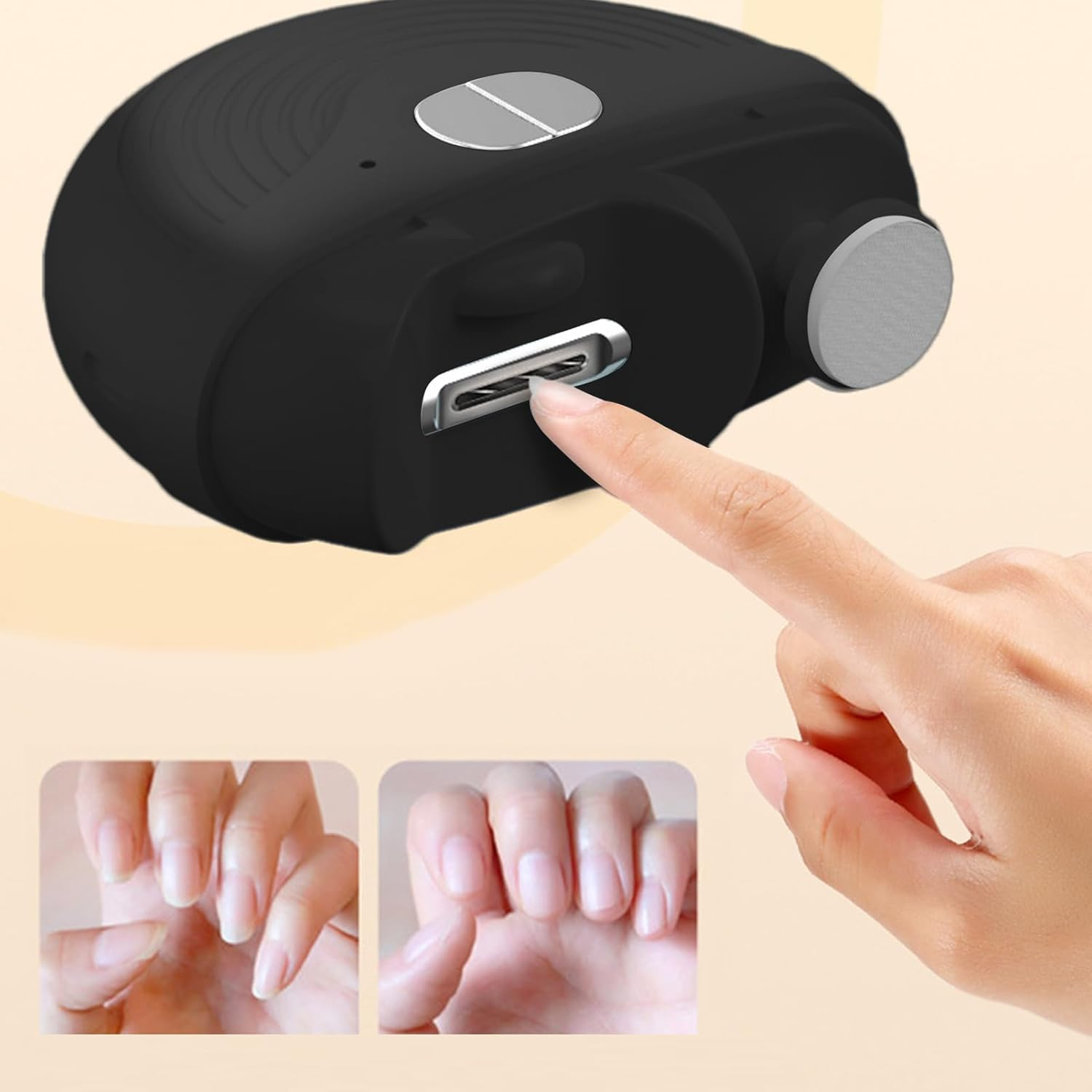 Eine Hand benutzt einen schwarzen elektrischen Nagelknipser, der Nägel trimmt.
