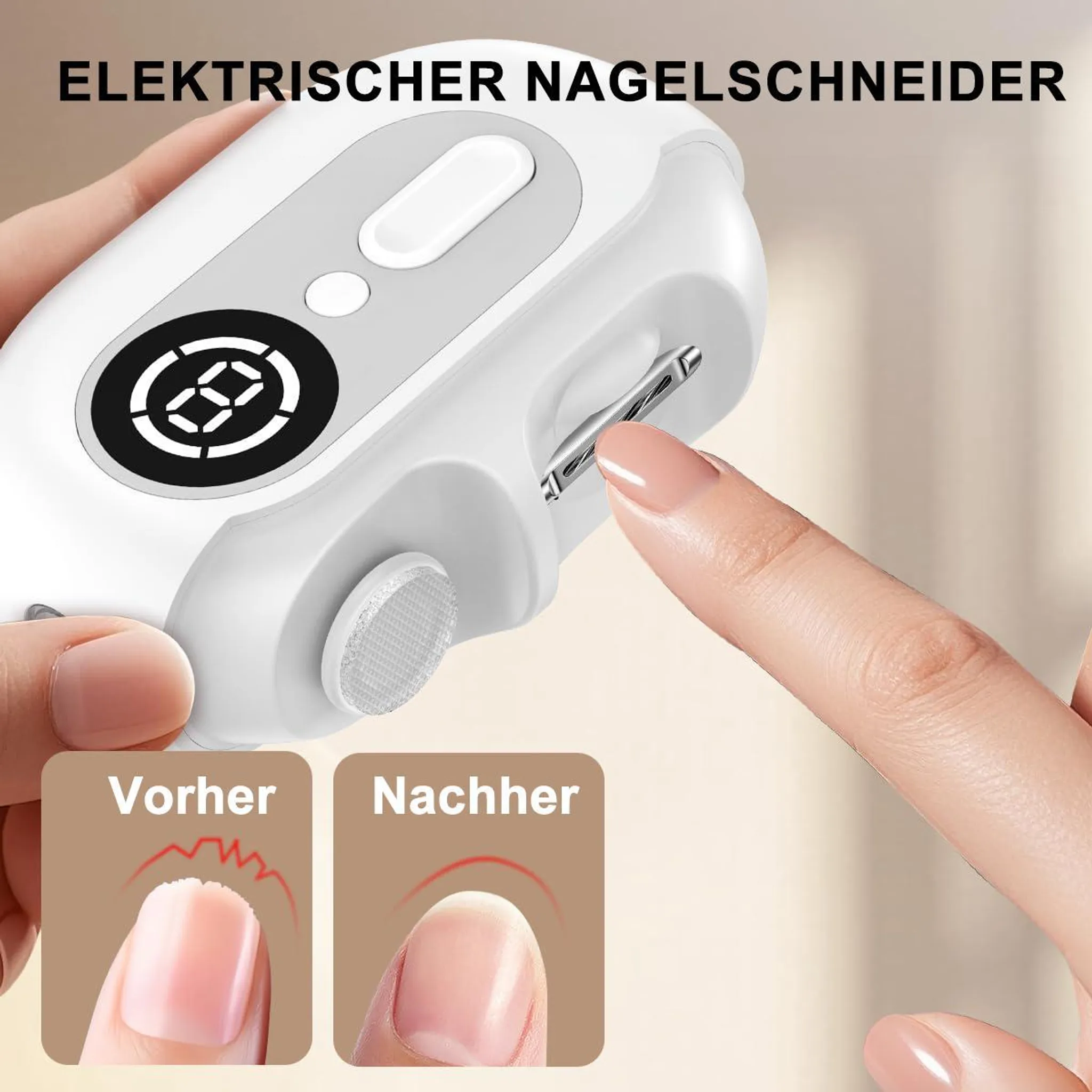 Elektrischer Nagelknipser mit Display, wird von einer Hand gehalten.
