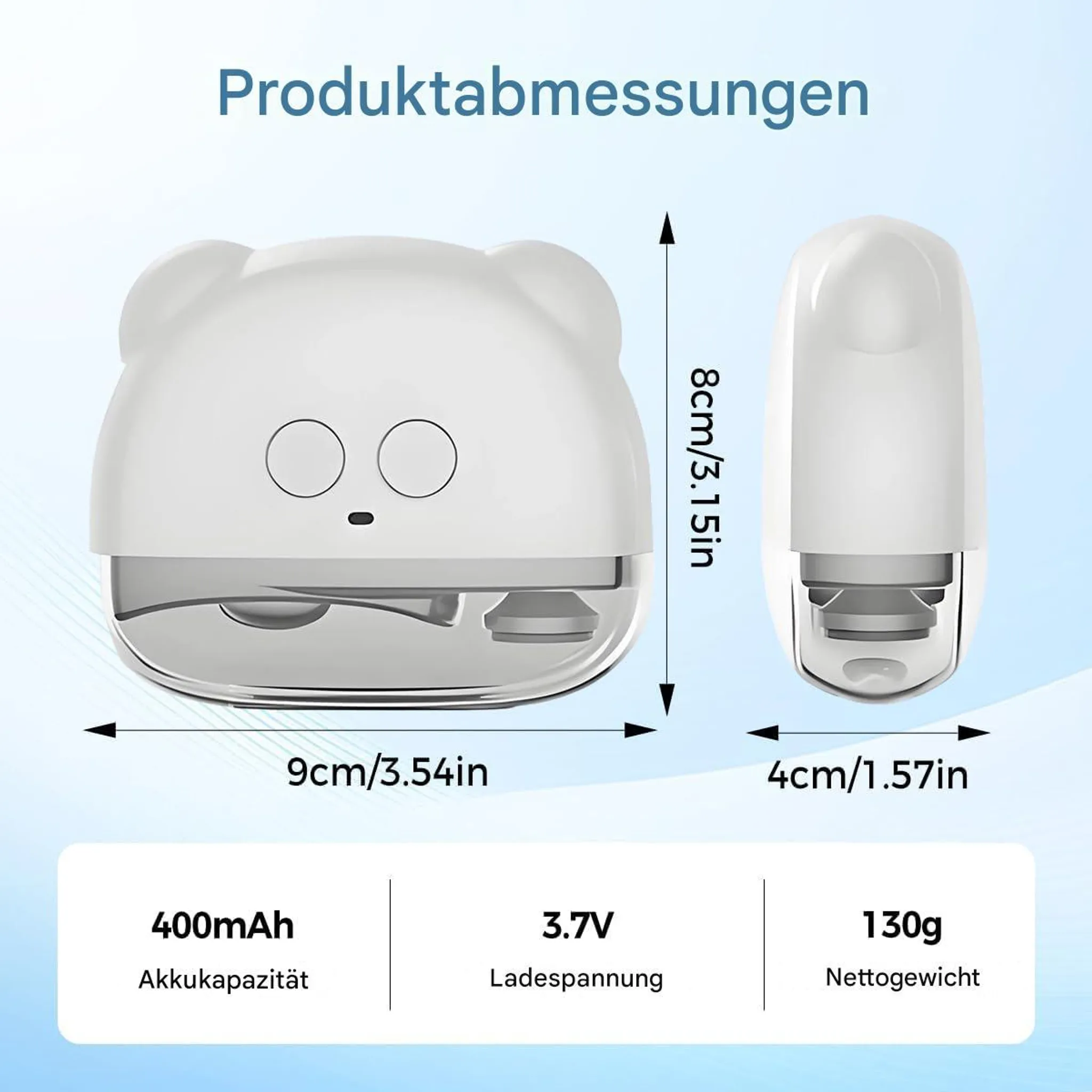 Weiße Gerät mit Bären-Design: 9x8x4cm, 400mAh, 3.7V, 130g.