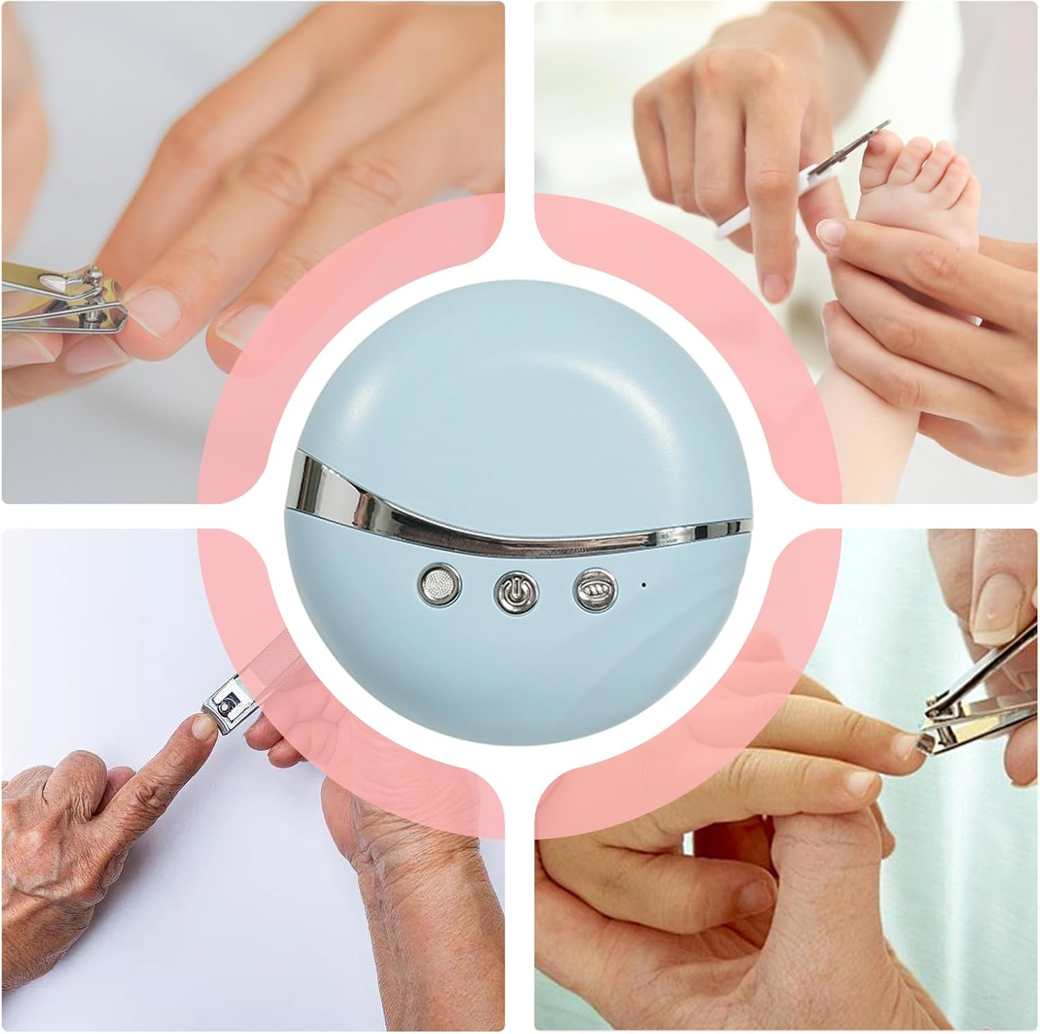 Babyfußpflege mit Nagelknipser, Hände und ein blaues Gerät.