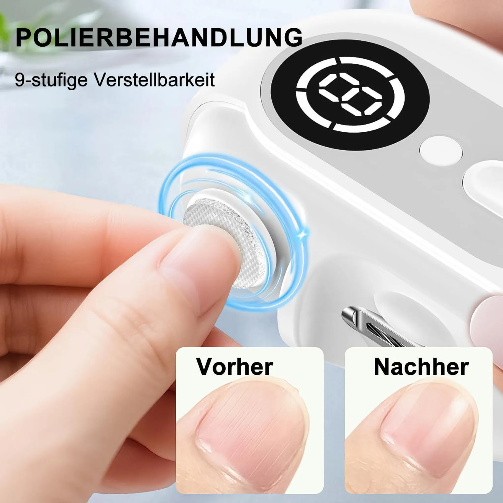 Nahaufnahme eines Nagelfräsers mit Vorher-Nachher-Bildern von Nägeln.