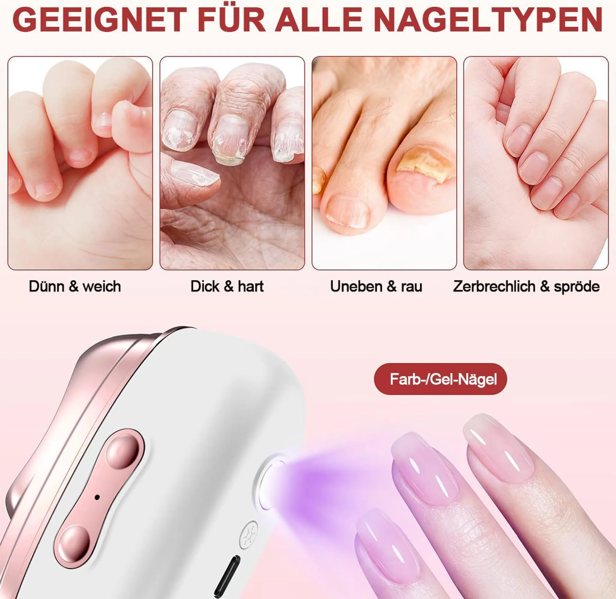 Verschiedene Nageltypen: dünn, dick, uneben und spröde. Unten: Gerät trocknet Gellack.