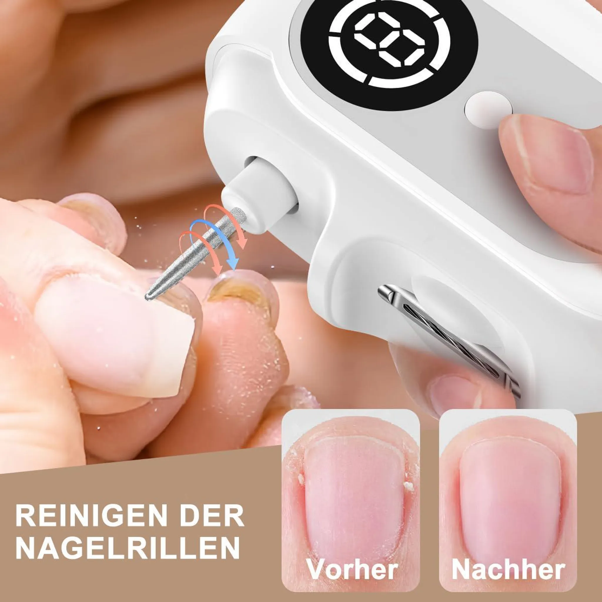 Ein elektrisches Nagelpflegegerät reinigt Fingernägel. Vorher/Nachher-Bilder gezeigt.
