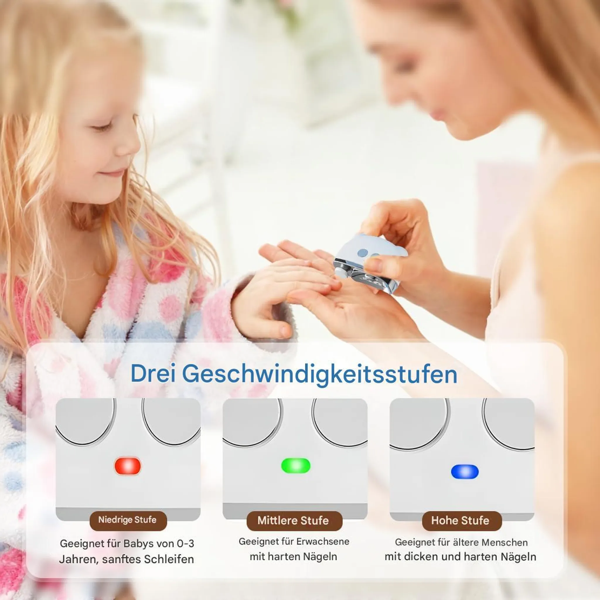 Mutter trimmt Baby-Nägel mit elektrischem Trimmer. Drei Stufen: rot, grün, blau.