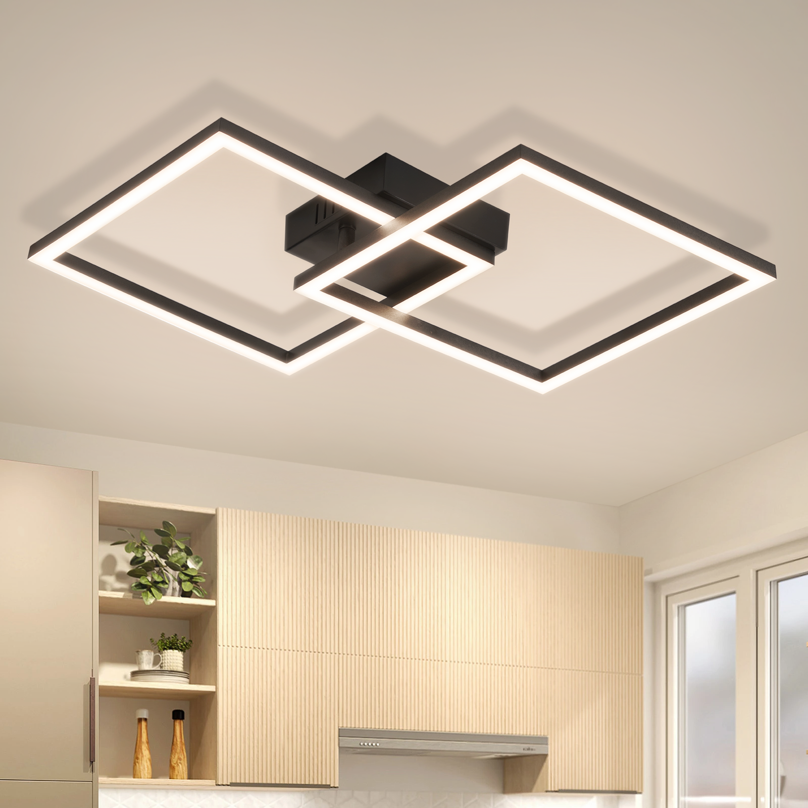 Plafoniera moderna con quadrati neri intrecciati e illuminazione a LED.