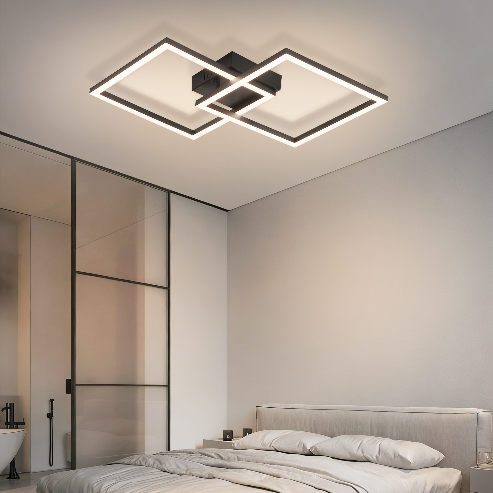 Una moderna lampada da soffitto con due cornici quadrate sovrapposte.